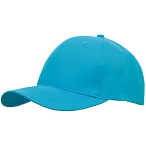 A breathable poly twill cap in a vibrant turquoise colour, featuring a curved brim and a logo.