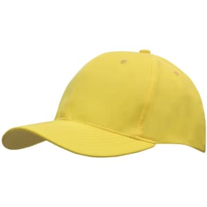 A yellow breathable poly twill cap with a curved brim and ventilation eyelets; features a logo on the side.