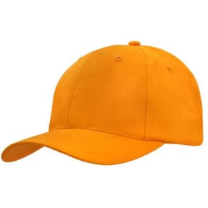 An orange breathable poly twill cap with a rounded crown and a curved brim, featuring a logo.
