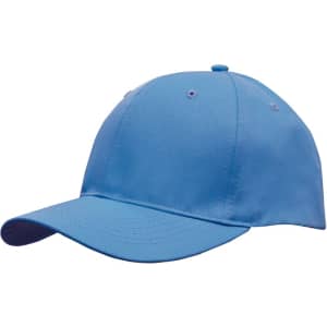 A breathable poly twill cap in light blue with a curved brim and ventilation holes, featuring a logo.