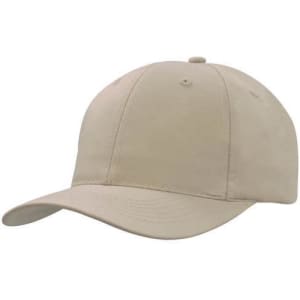 A breathable poly twill cap in a light beige colour with a curved brim and a logo on the side.