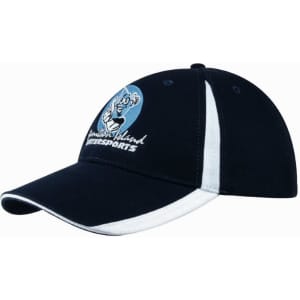 A navy blue cap with white accents, featuring an embroidered logo on the front.