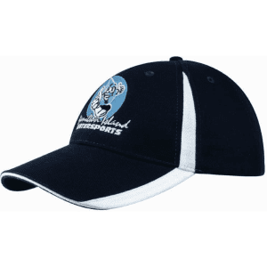 A navy cap featuring white inserts on the peak and crown, with a logo on the front.