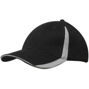 A black cap with grey inserts on the peak and crown, featuring a logo on the front.