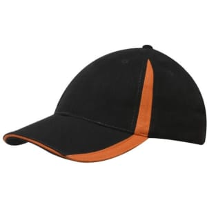 A black cap with orange inserts on the peak and crown, featuring a logo.