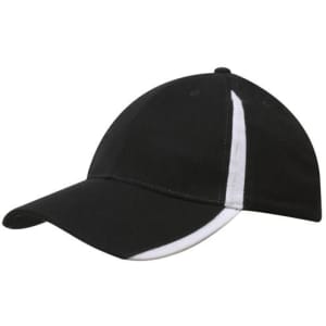 A black cap with white inserts on the peak and crown, featuring a logo on the front.
