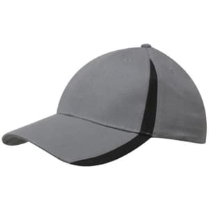 A grey cap with black inserts on the peak and crown, featuring a logo on the front.