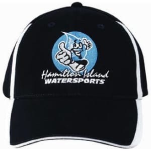 A black cap with white accents, featuring a logo on the front and inserts on the peak and crown.