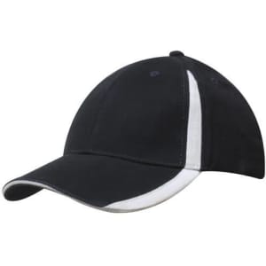 A black cap with white inserts on the peak and crown, featuring a logo.
