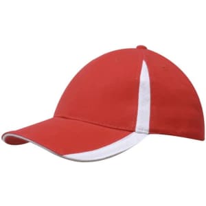 A red cap with white inserts on the peak and crown, featuring a logo.