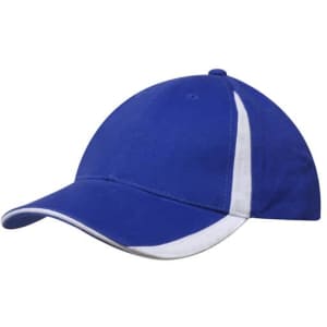 A blue baseball cap with white inserts on the peak and crown, featuring a logo.