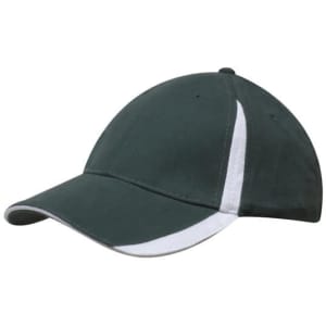 A dark green cap with a white peak and crown inserts, featuring a logo on the front.