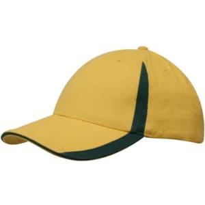 A yellow cap with green accents on the peak and crown, featuring a logo on the front.