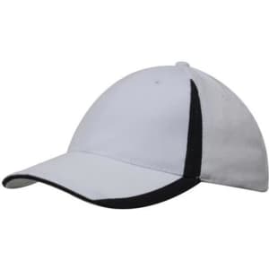A white cap with black inserts on the peak and crown, featuring a logo.