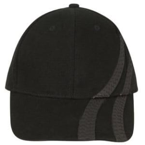 A black cap featuring tyre track designs, with a logo on the front.