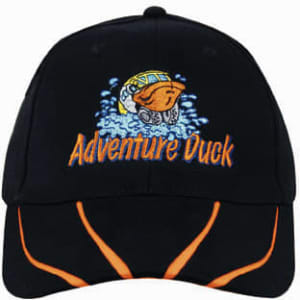 A black cap with a two-tone orange peak, featuring an embroidered design and logo on the front.