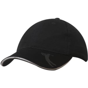 A black cap featuring a curved peak and an embossed logo on the front. The design includes a contrasting trim.
