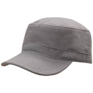A grey military cap with a flat peak and two horizontal bands, featuring a logo on the side.