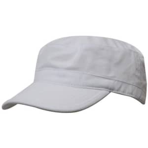 A military-style cap in white with a flat brim and a structured crown, featuring a logo on the front.