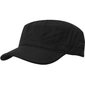 A black sports twill military cap with a flat brim and adjustable fit. It features a logo on the side.