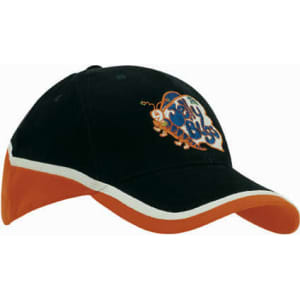 A brushed heavy cotton tri-coloured cap in navy, orange, and white with a logo on the front.