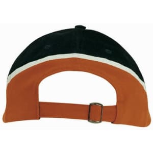 A tri-coloured cap featuring black, orange, and white panels, with an adjustable strap at the back and a logo.