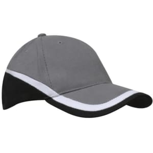 A tri-coloured cap featuring grey, black, and white panels, with a curved brim and an adjustable strap.