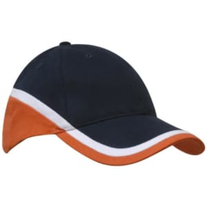 A heavy cotton tri-coloured cap featuring navy, white, and orange panels, with an adjustable strap and a logo.
