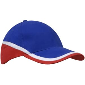 A tri-coloured cap featuring blue, red, and white panels, with a logo on one side.