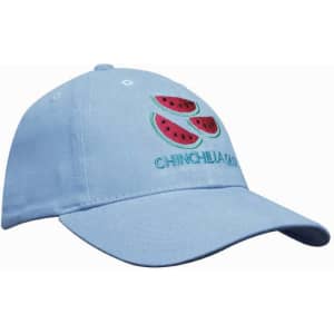 A light blue youth cap featuring embroidered watermelon graphics and a logo. Made from brushed heavy cotton.