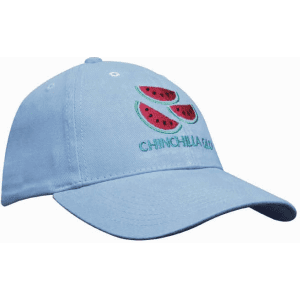 A light blue cap featuring an embroidered design of watermelon slices and a logo.