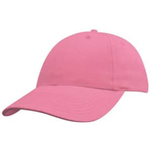 A pink cap featuring a curved brim and a logo on the front. Suitable for youth sizes.
