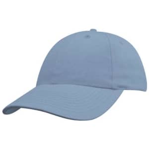 A blue cap with a rounded crown and a curved brim, featuring an adjustable strap at the back.