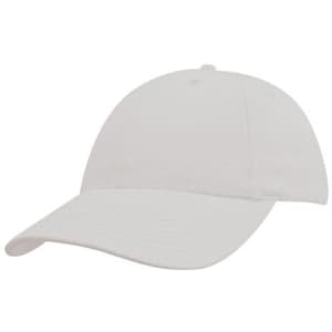 A white youth cap with a curved brim and an adjustable strap at the back. It features a logo on the front.