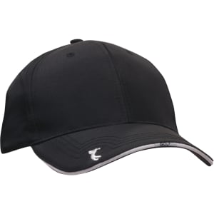 A black cap featuring a peak and subtle embroidered branding. The design includes contrasting trim along the edge.