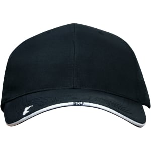 A black cap featuring peak embroidery and a logo, designed for sports and outdoor activities.