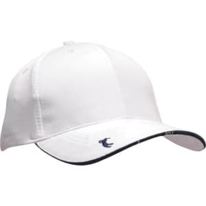 A white cap with a curved brim and a logo on the front, featuring a navy trim along the brim.