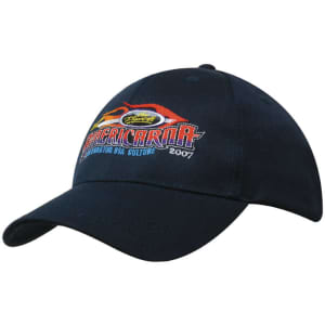 A navy cap featuring a colourful embroidered design and a logo. The cap is made from 100% recycled fabric.