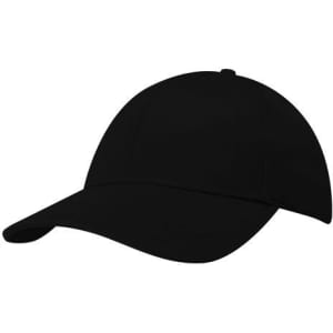 A black cap with a curved brim, featuring a logo on the front and a solid design.