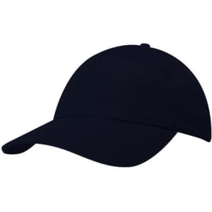 A navy blue cap with a curved brim and a seamless design, featuring a branding logo.