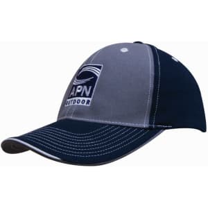 A two-tone cap featuring grey and navy panels, contrasting stitching, and a logo on the front.