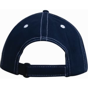 A navy cap with contrasting white stitching and an adjustable strap at the back, featuring a logo.