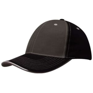 A two-tone cap in black and grey with contrasting stitching and an open lip sandwich design. It features a logo.