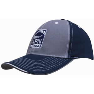 A two-tone cap in navy and grey with contrasting stitching and a logo on the front.