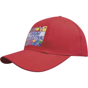 A red brushed heavy cotton cap with a rotated crown and a logo on the front.