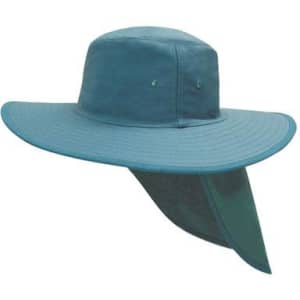 A canvas sun hat in teal with a wide brim and a neck flap for sun protection. It has a logo on the side.