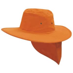 An orange canvas sun hat featuring a wide brim and a neck flap, designed for sun protection.