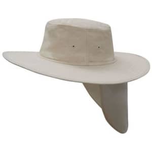 A beige canvas sun hat with a wide brim and neck flap, featuring ventilation holes and a simple design.