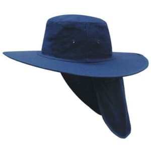 A navy canvas sun hat with a wide brim and neck flap for sun protection. It features a logo on the side.