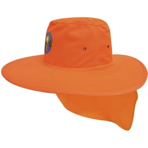 An orange canvas sun hat with a wide brim and a neck flap, featuring a logo.